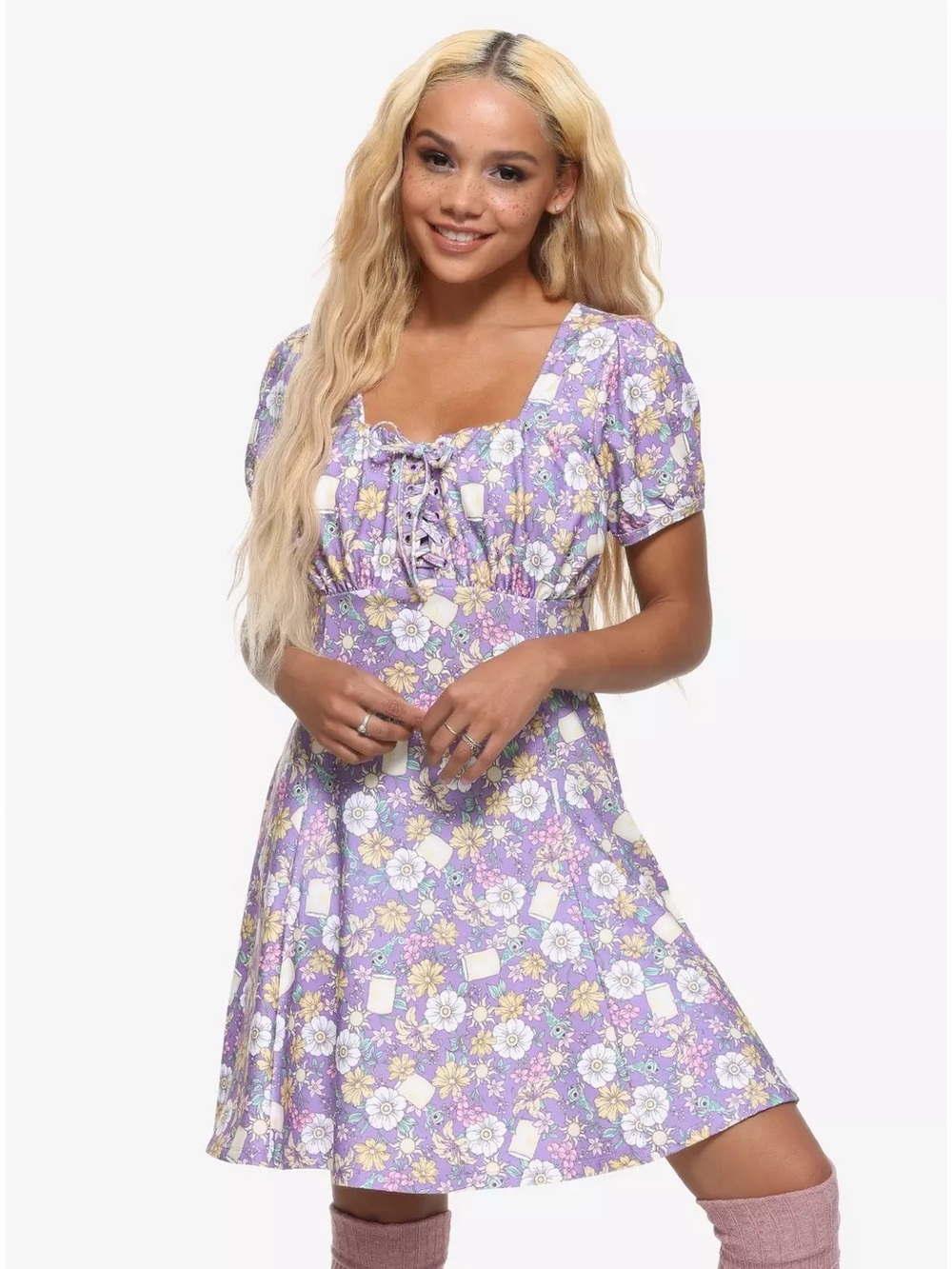 Her Universe Lavender Floral Mini Dress with Yellow & White Accents-Rapunzel